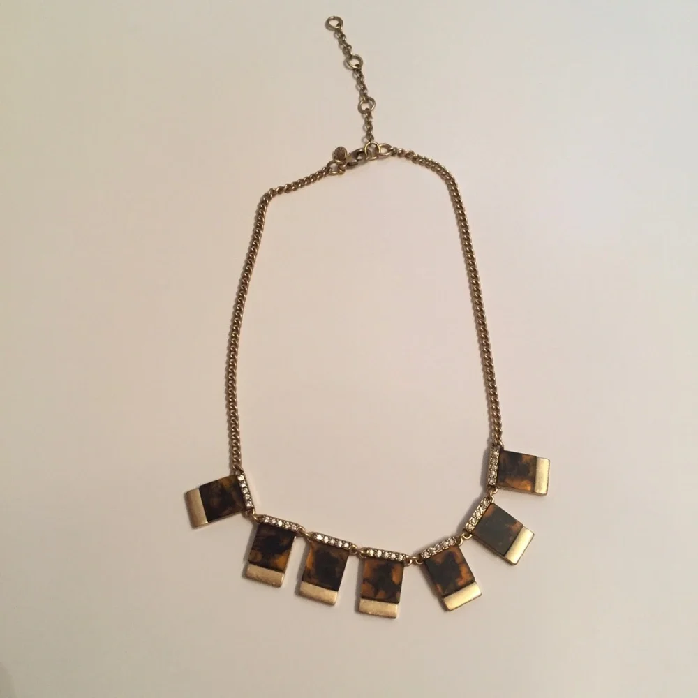 J. CREW NECKLACE CHOKER BROWN LEOPARD RHINESTONE TILES GOLD TONE CHAIN